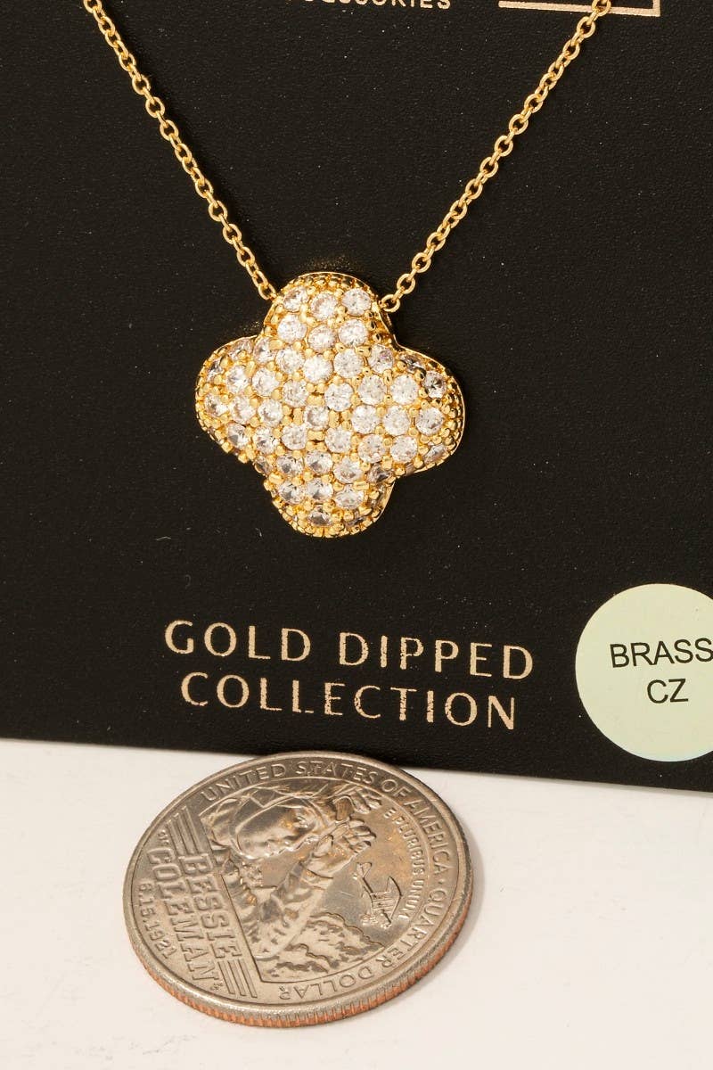 Gold Dipped Cz Pave Clover Pendant Necklace