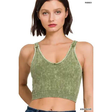 Washed Ribbed Cropped Bra Padded Tank Top