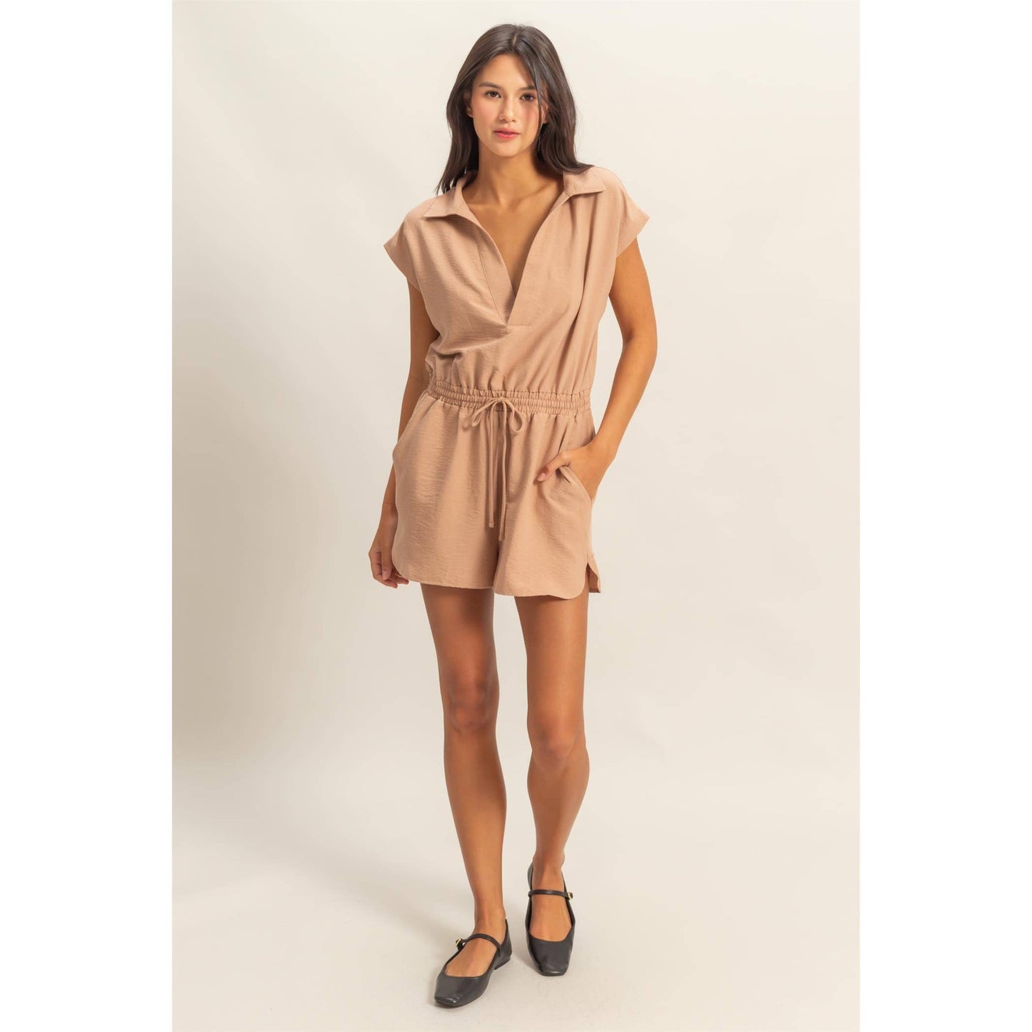Collared Romper with Buttonless Placket