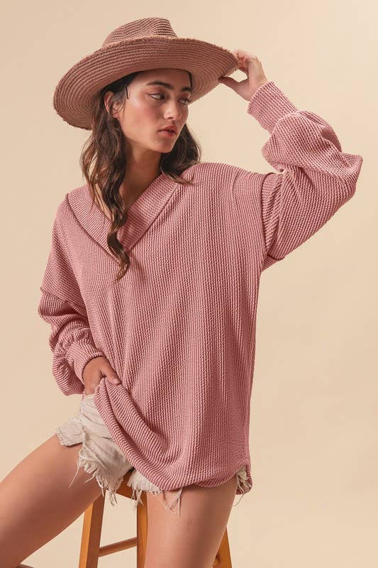 2tone Cord Rib Contrast Stitching V Neck Top
