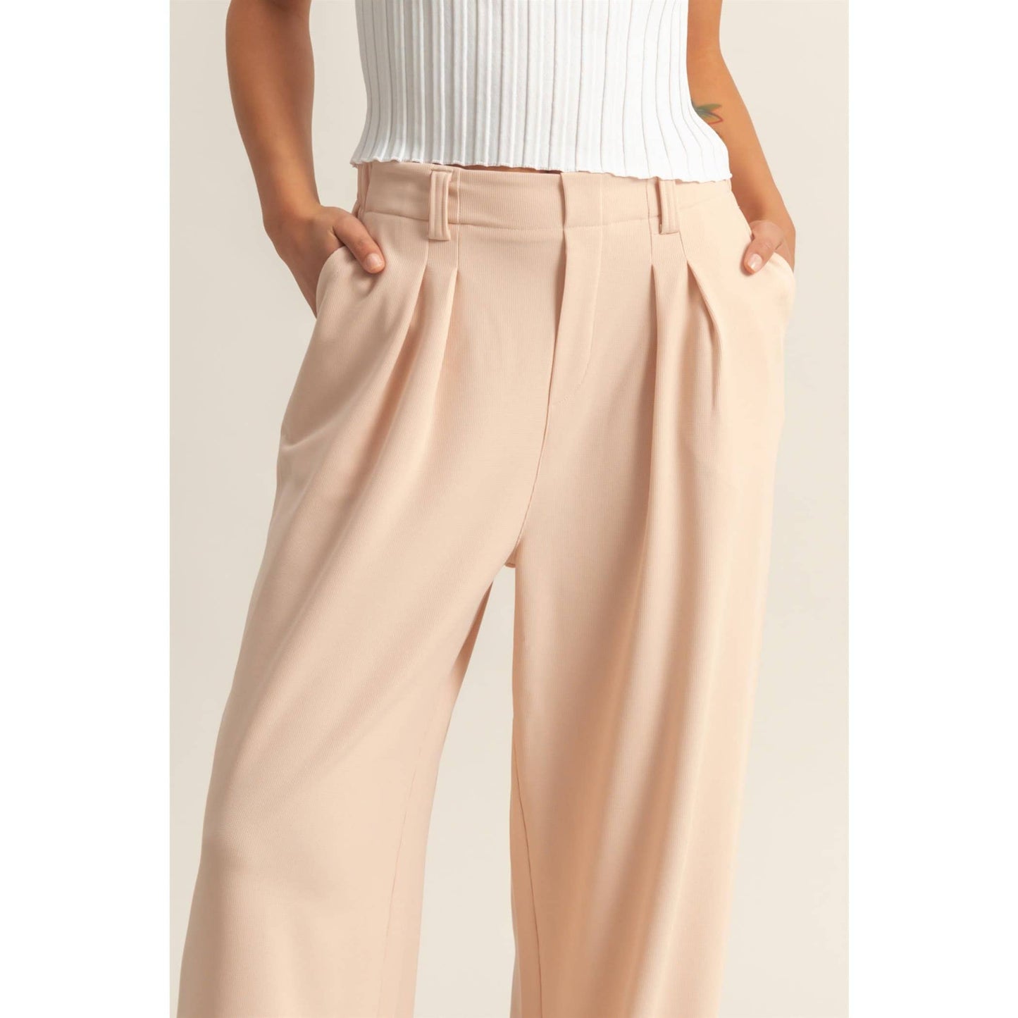 Waffle Knit High-Waist Wide-Leg Pants