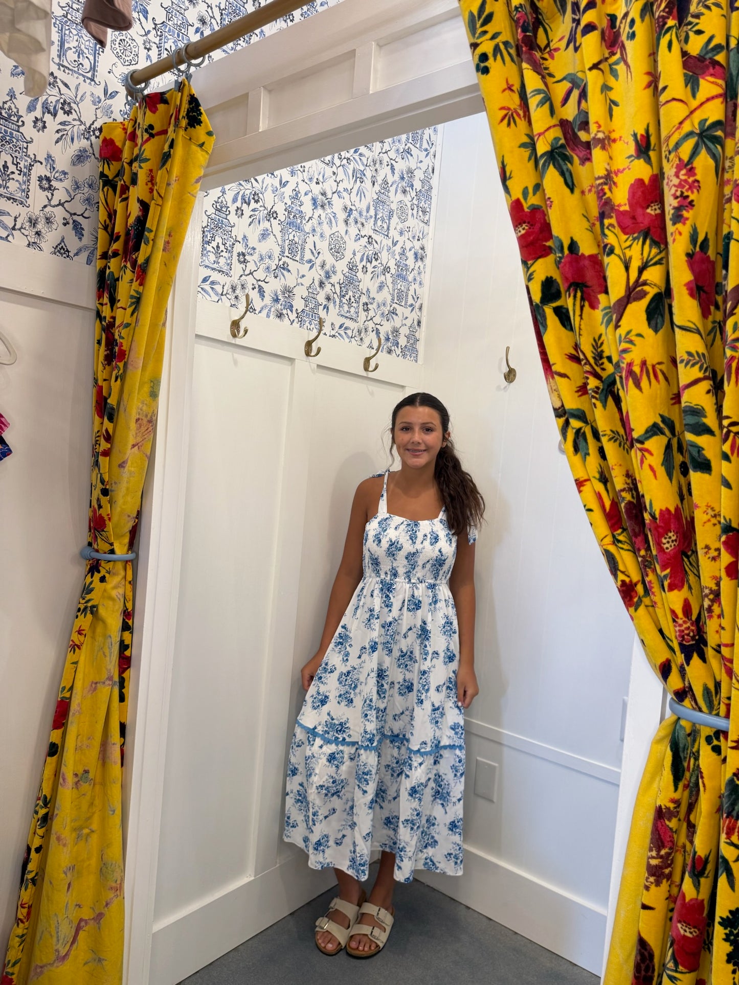 Floral Print Shirred Knot Shoulder Sleeveless Long Dress