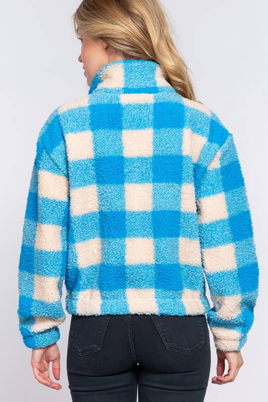 Long Sleeve Mock Neck Argyle Print Faux Fur Jacket