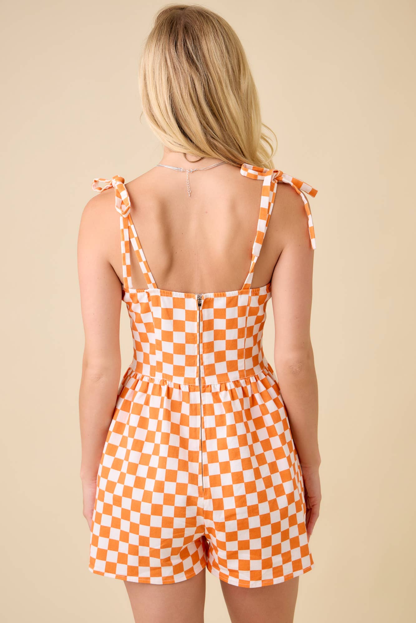 Checker Denim Print Shoulder Strap Tie Denim Romper