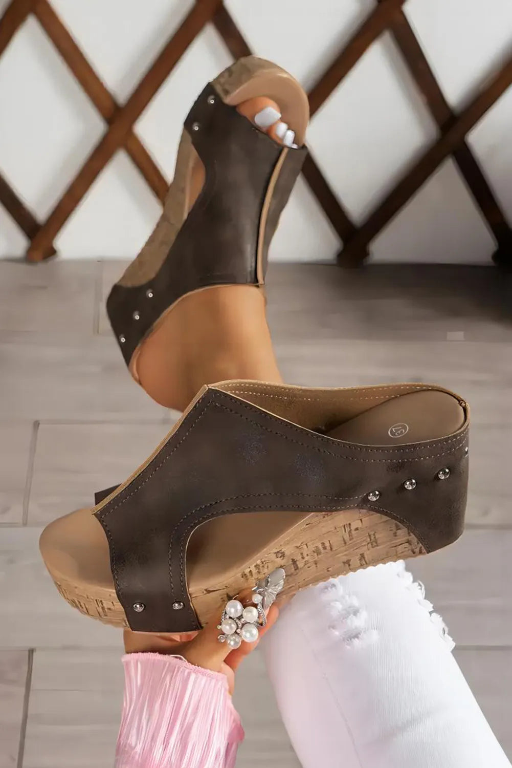 Hollow Out Studded PU Leather Wedge Slippers