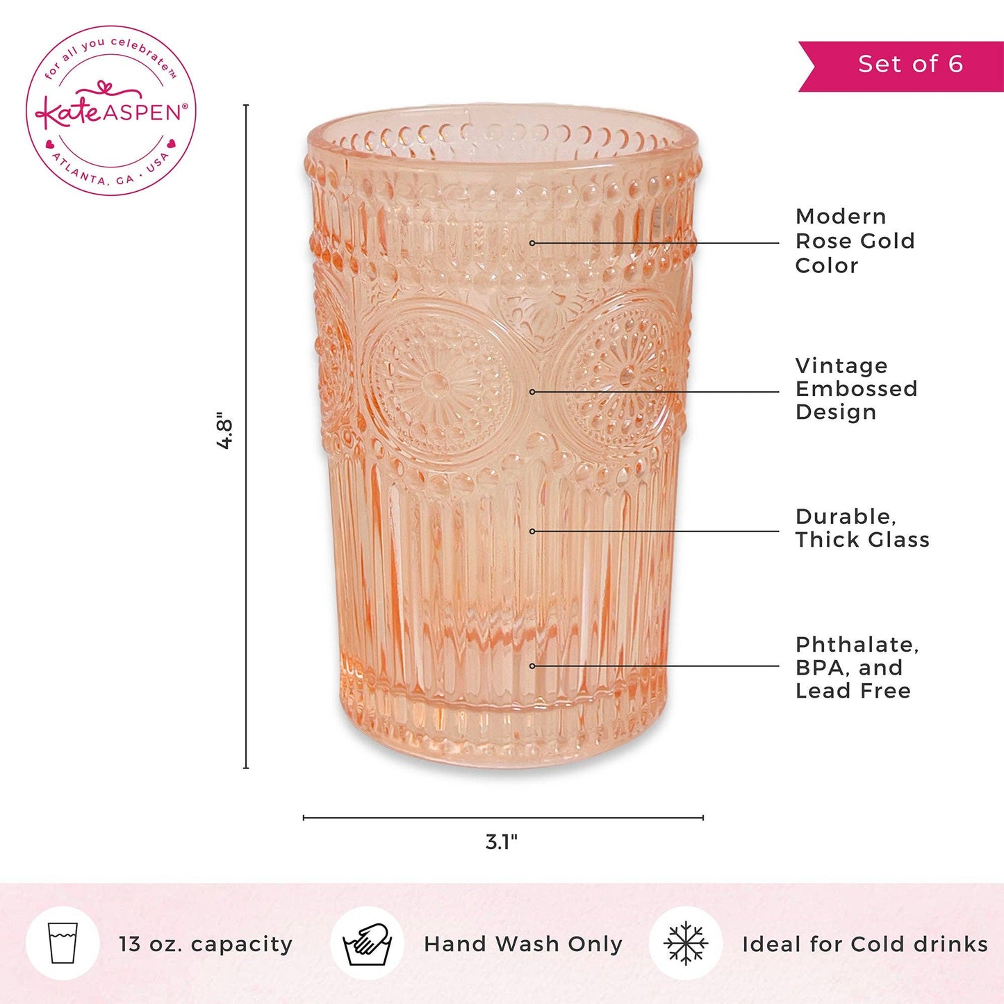 13 oz. Vintage Textured Rose Gold Drinking Glass