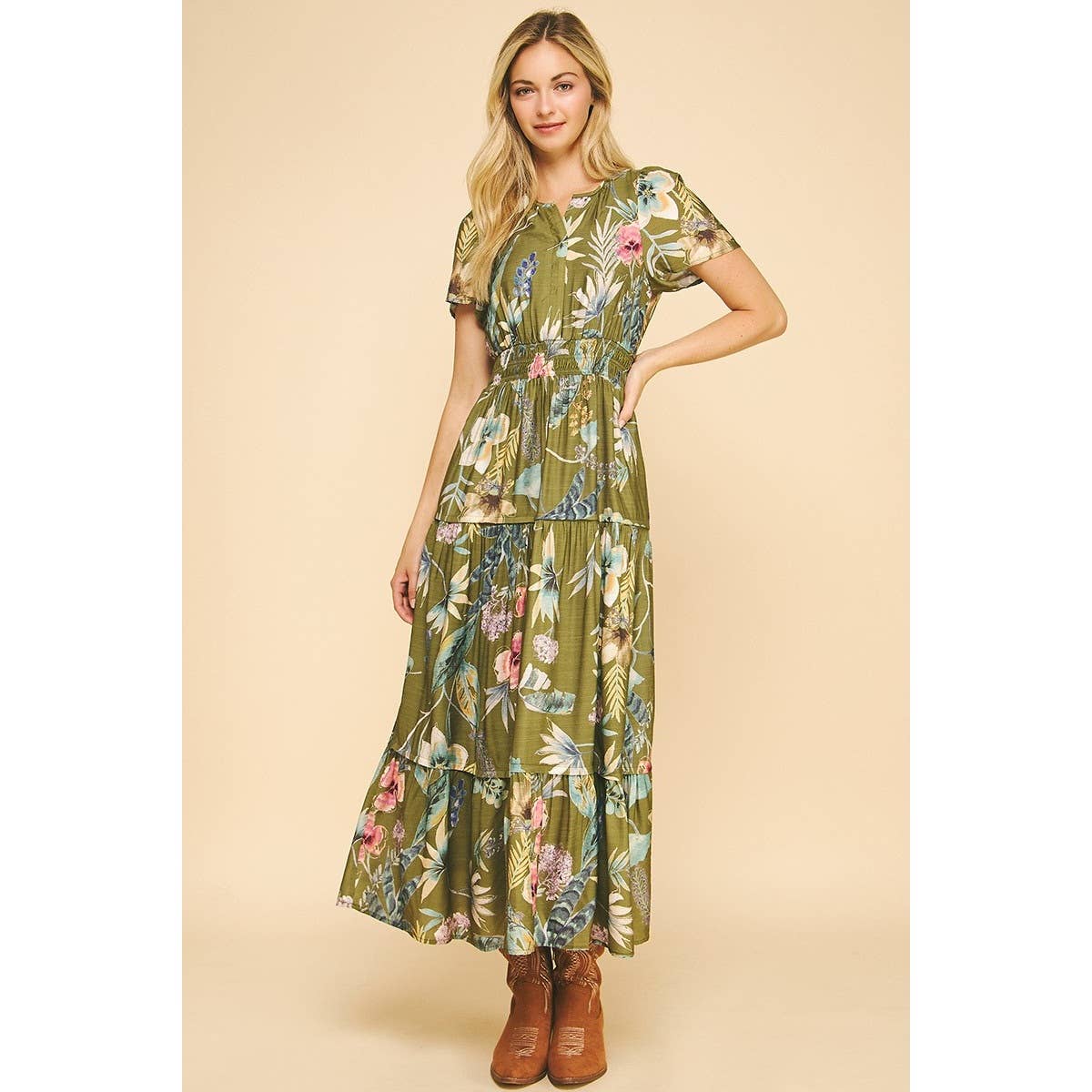 Floral Print Split Neck Tiered Maxi Dress