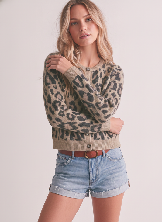 LEOPARD ROUND NECK BUTTON DOWN SHORT CARDIGAN