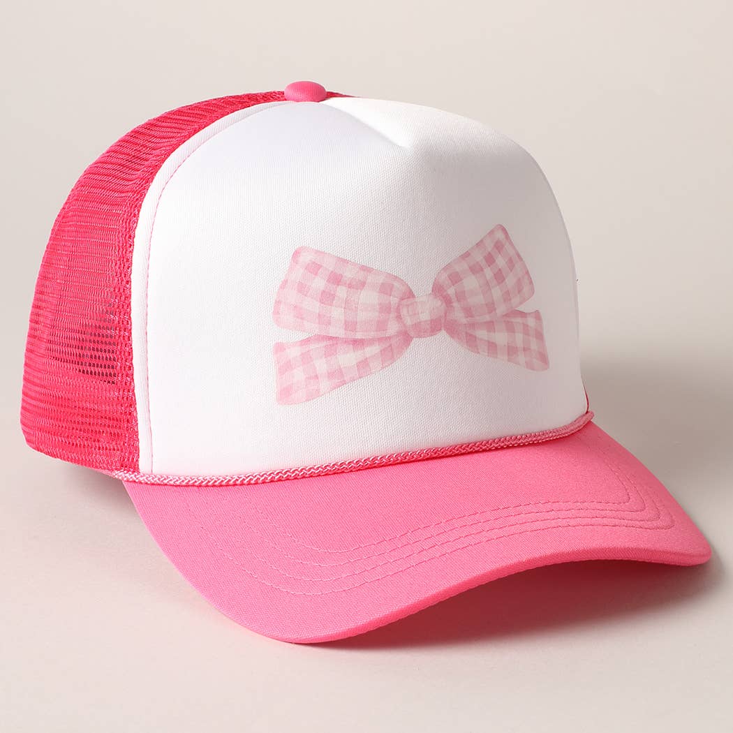 Checkered Bow Print Foam Mesh Back Trucker Hat