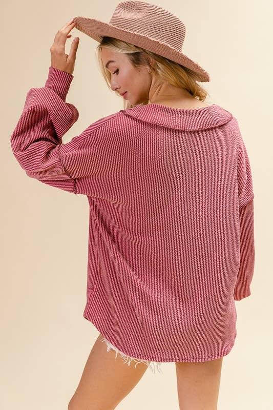 2tone Cord Rib Contrast Stitching V Neck Top