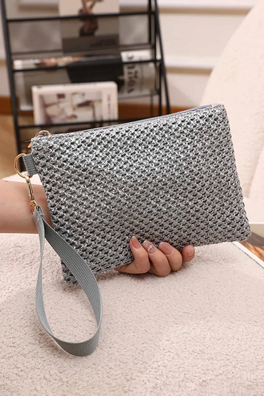 Woven Zipper Wrist Strap Square Handbag