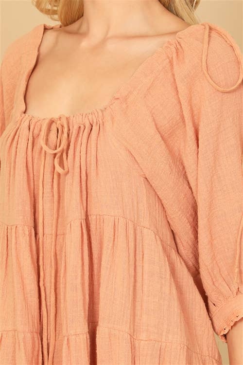 Square Neck Puff Sleeve Solid Babydoll Dress