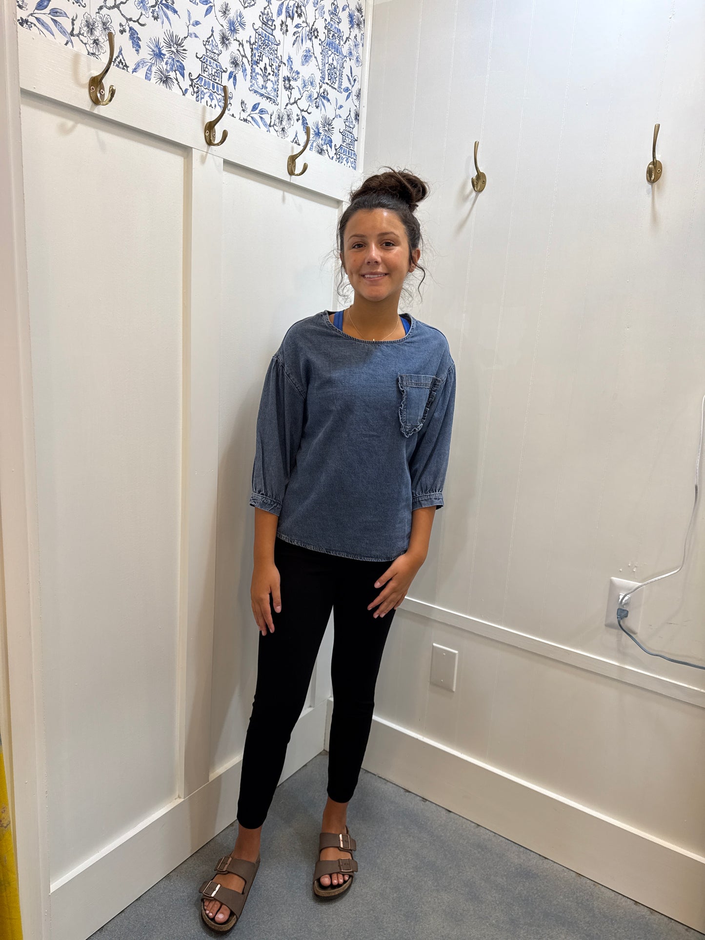 3/4 Sleeve Ruffled Patched Pocket Denim Blouse