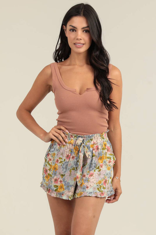 FLORAL PRINT RUFFLE HEM TIE WAIST SHORTS