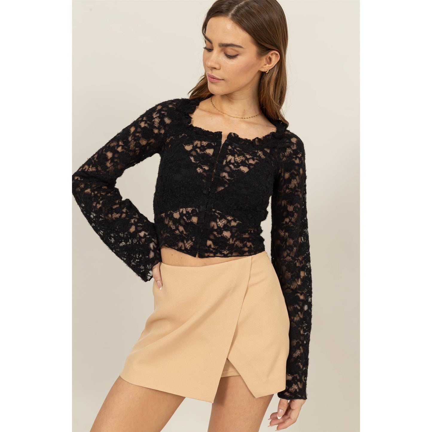 SHEER LACE LONG-SLEEVE BUTTON-UP TOP