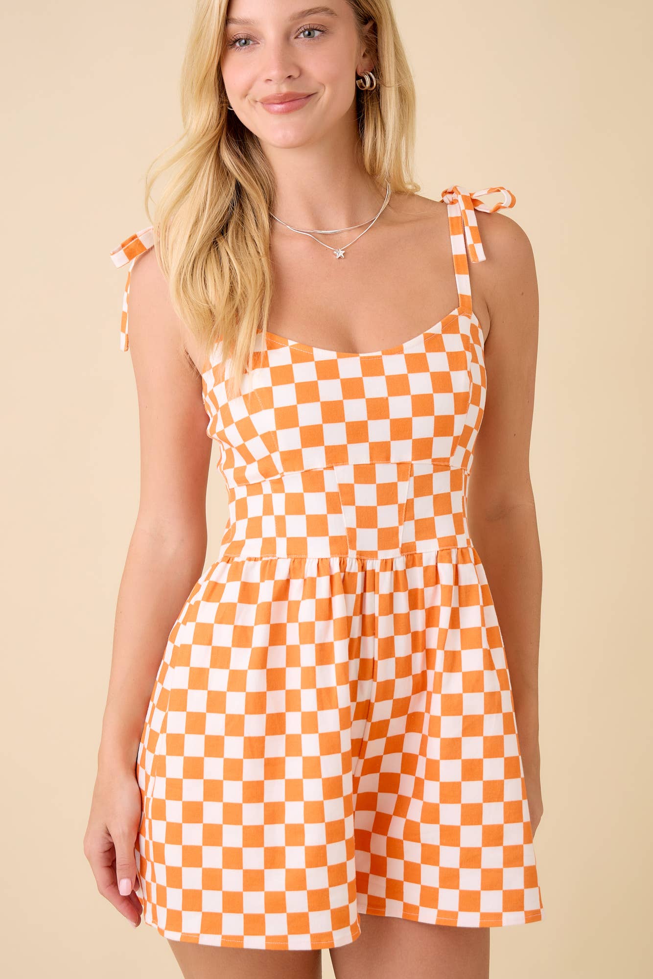 Checker Denim Print Shoulder Strap Tie Denim Romper