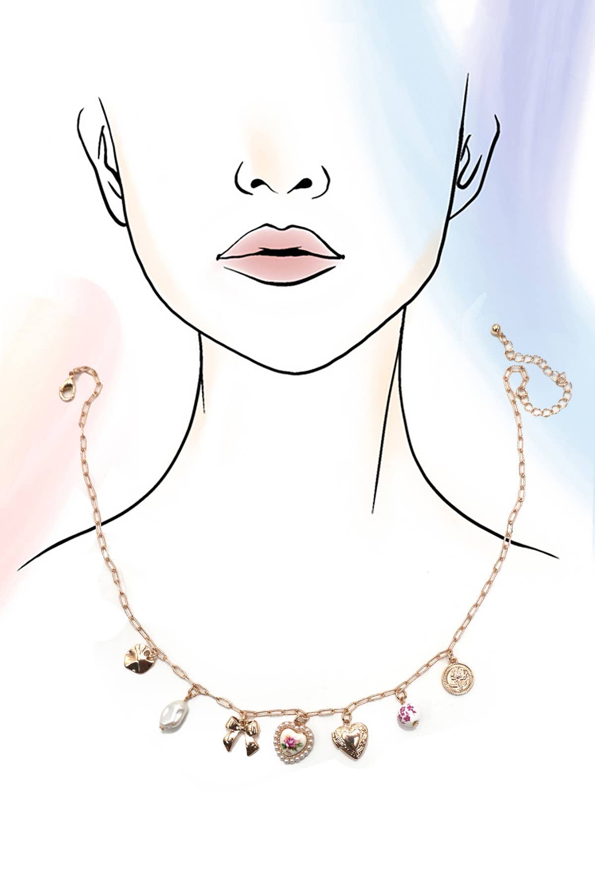 CERAMIC PORCELAIN BOW HEART CHARM LINK NECKLACE