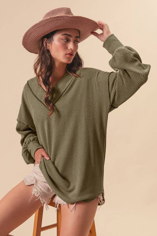 2tone Cord Rib Contrast Stitching V Neck Top
