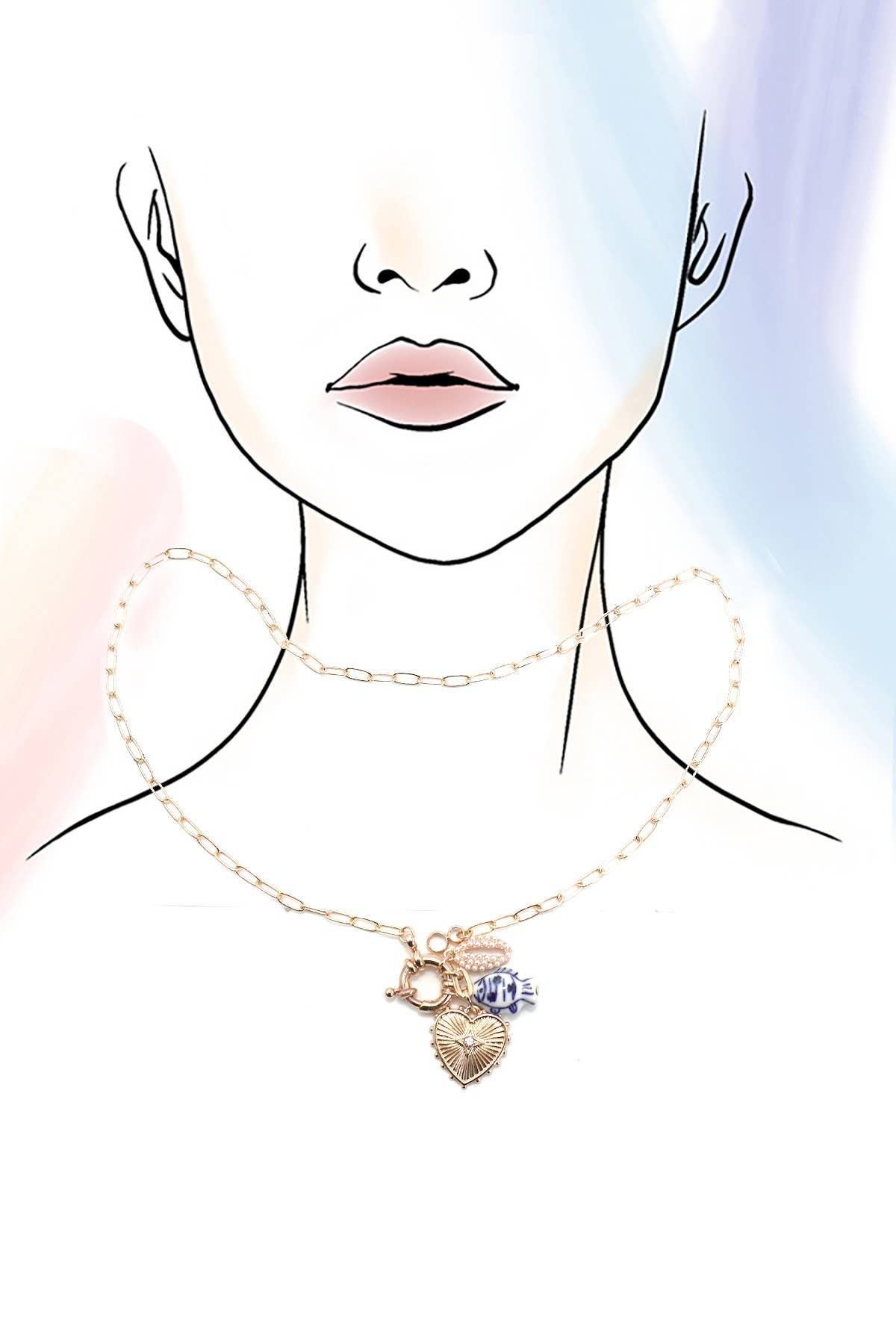PORCELAIN TOILE FISH PUKA MULTI CHARM NECKLACE