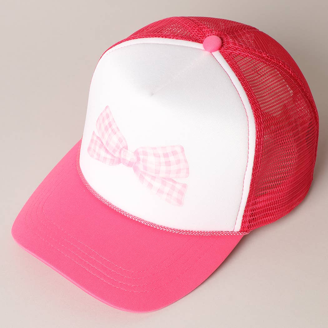 Checkered Bow Print Foam Mesh Back Trucker Hat
