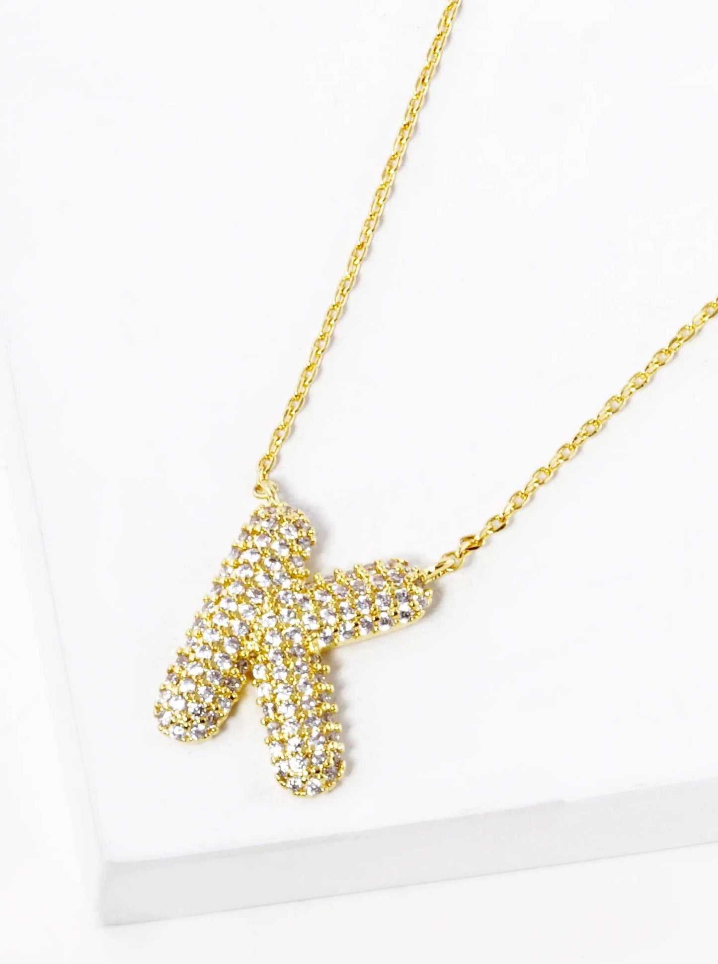 18K Gold Dipped Cz Pave Bubble Initial Pendant Necklace