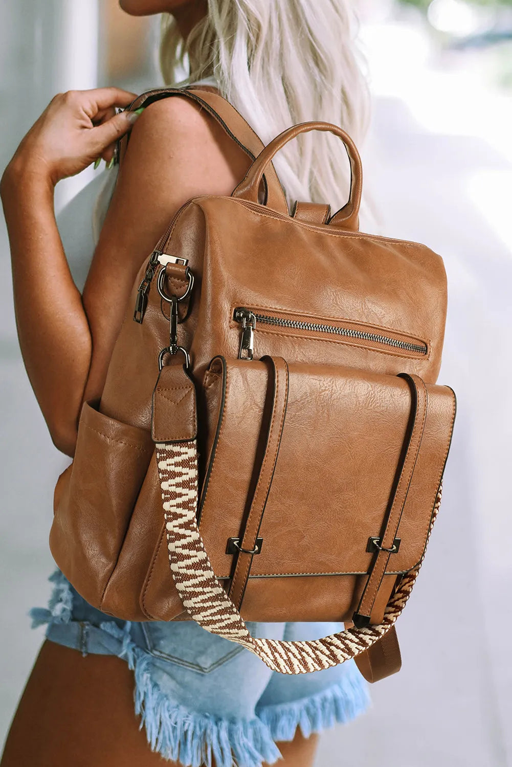 Embroidered Strap Attached Large PU Leather Backpack