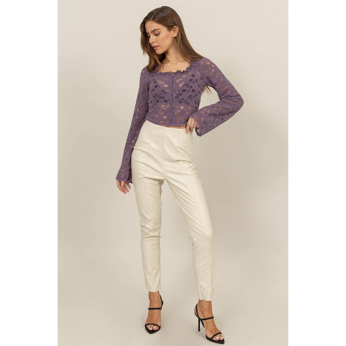 SHEER LACE LONG-SLEEVE BUTTON-UP TOP
