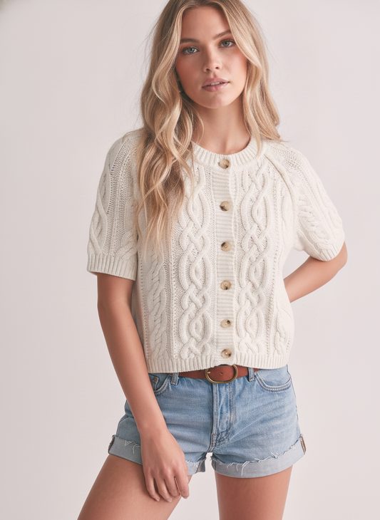 CABLE KNIT BUTTON-UP SHORT SLEEVE TOP