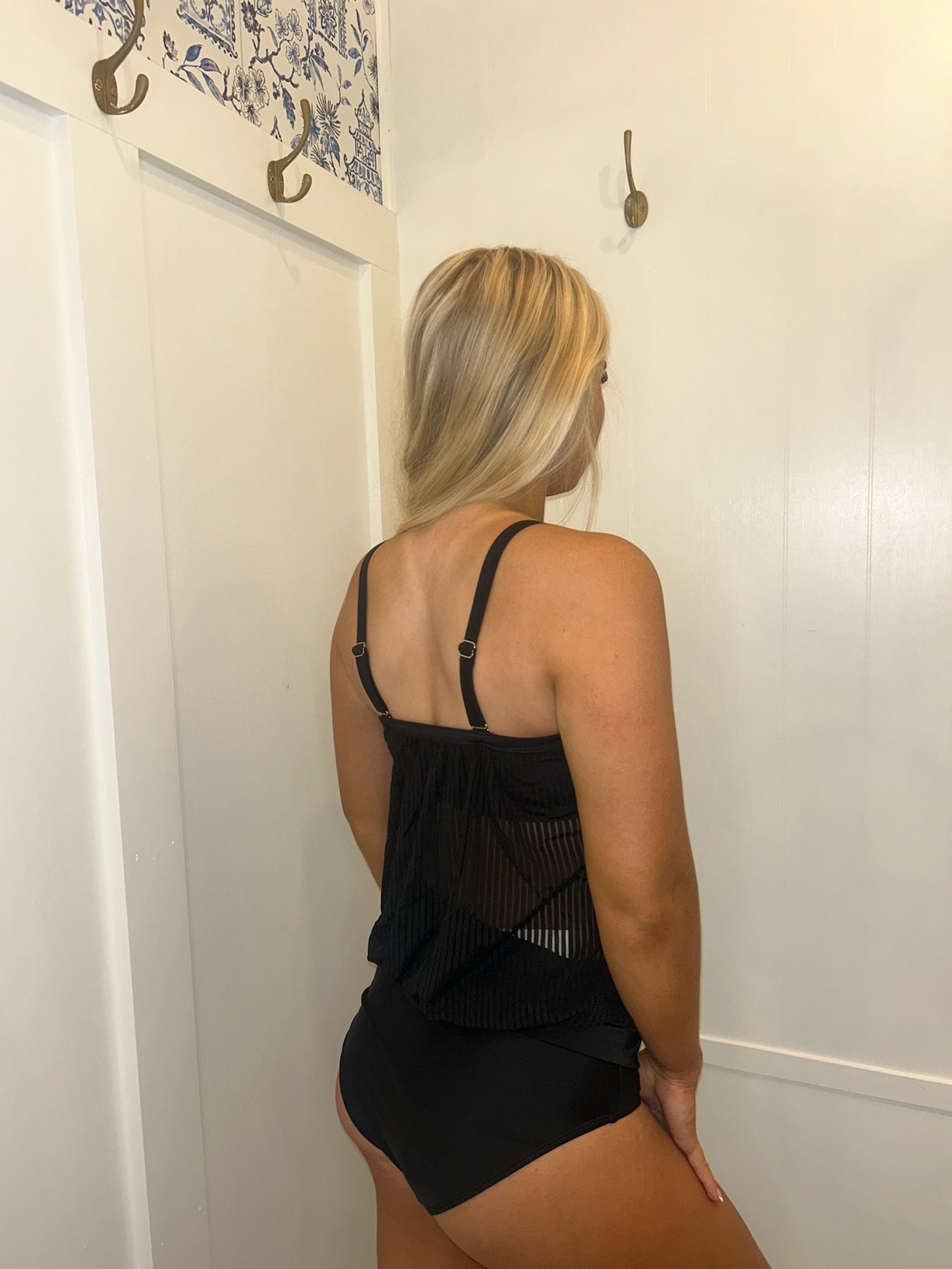 Striped Mesh Knotted Hem Tankini Swimsuit
