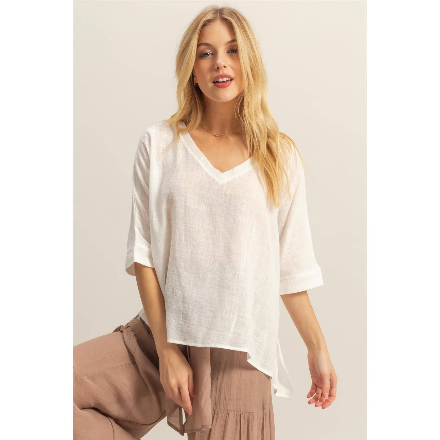 V-Neck Oversized Semi-Sheer Cotton Top