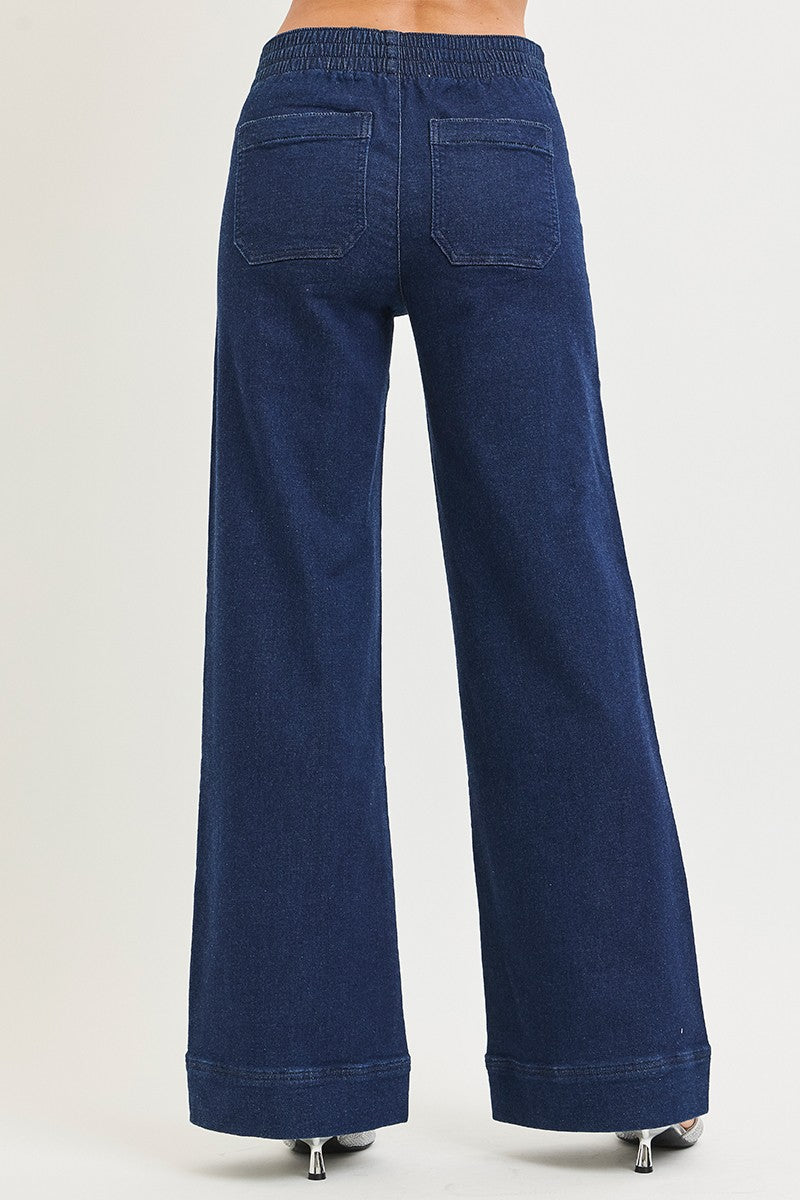 Elastic Band High Rise Wide Jeans Patch Pockets