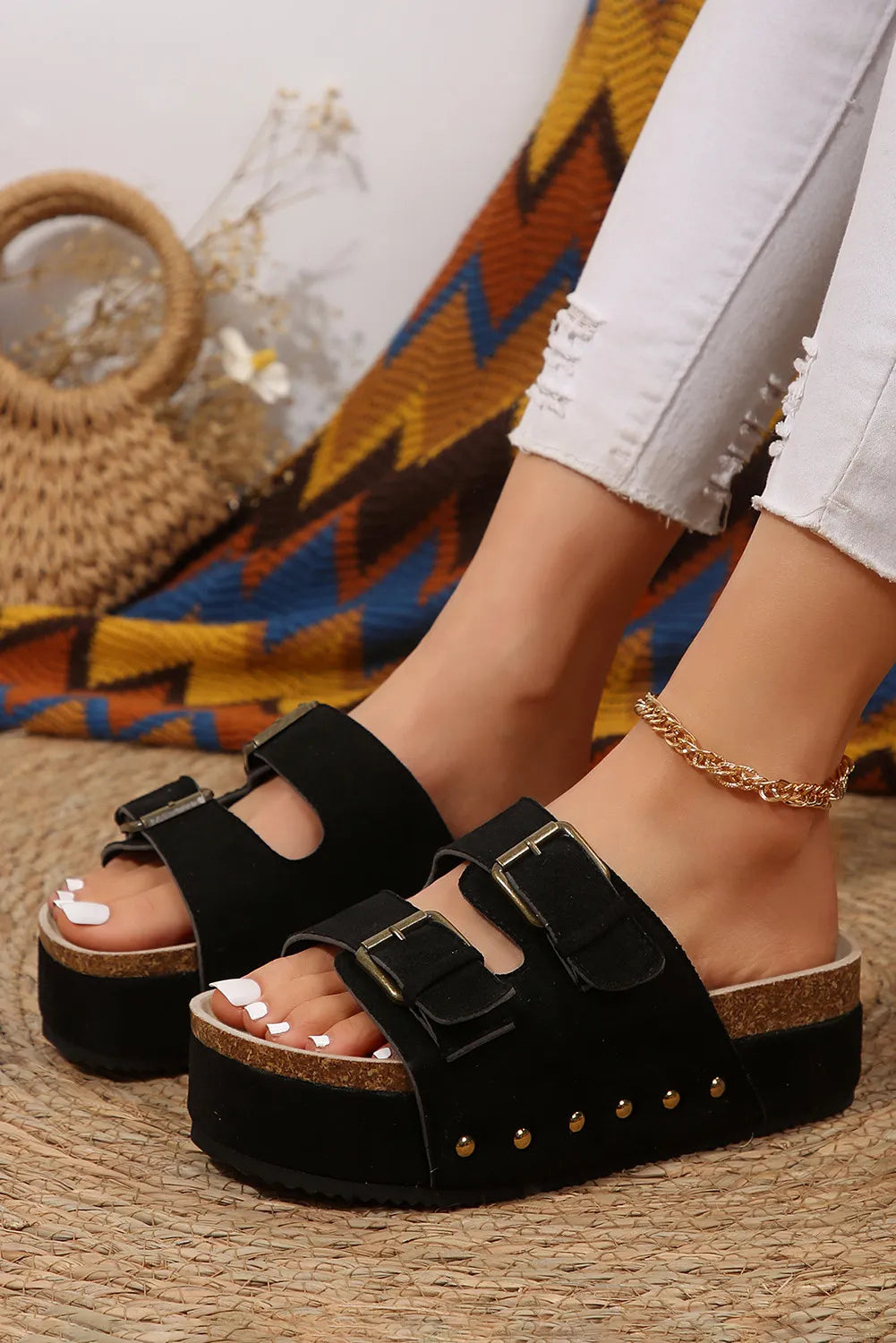 Suede Buckle Décor Footbed Sandal Slippers