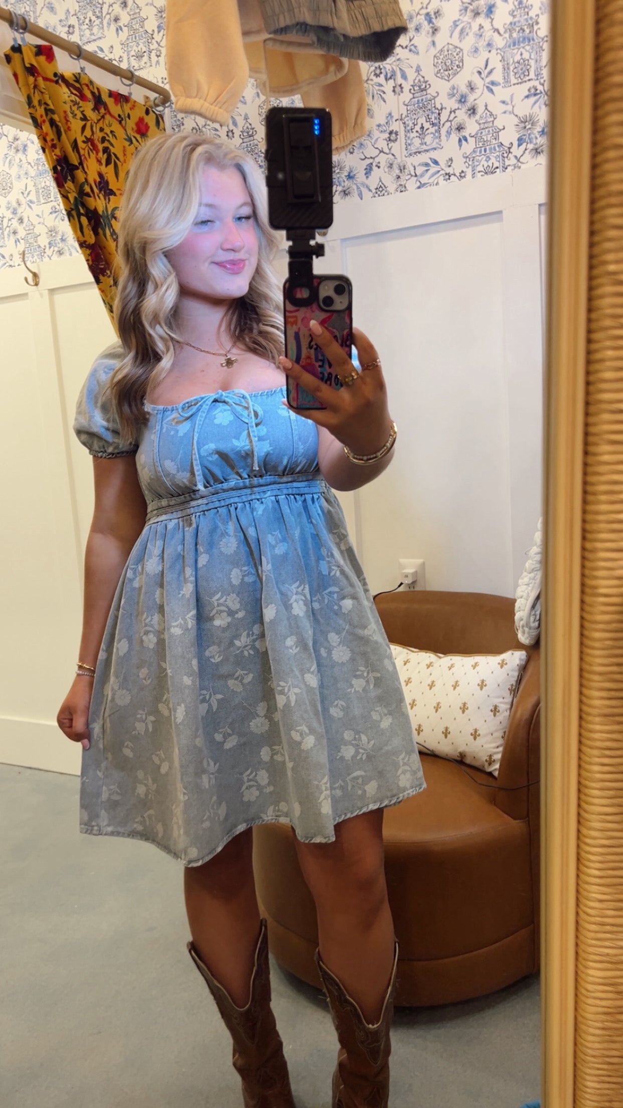 FLORAL WASHED DENIM SHORT PUFF SLEEVE MINI DRESS