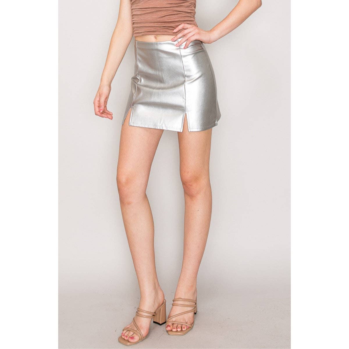 Faux Leather High Waist Double Slit Mini Skirt