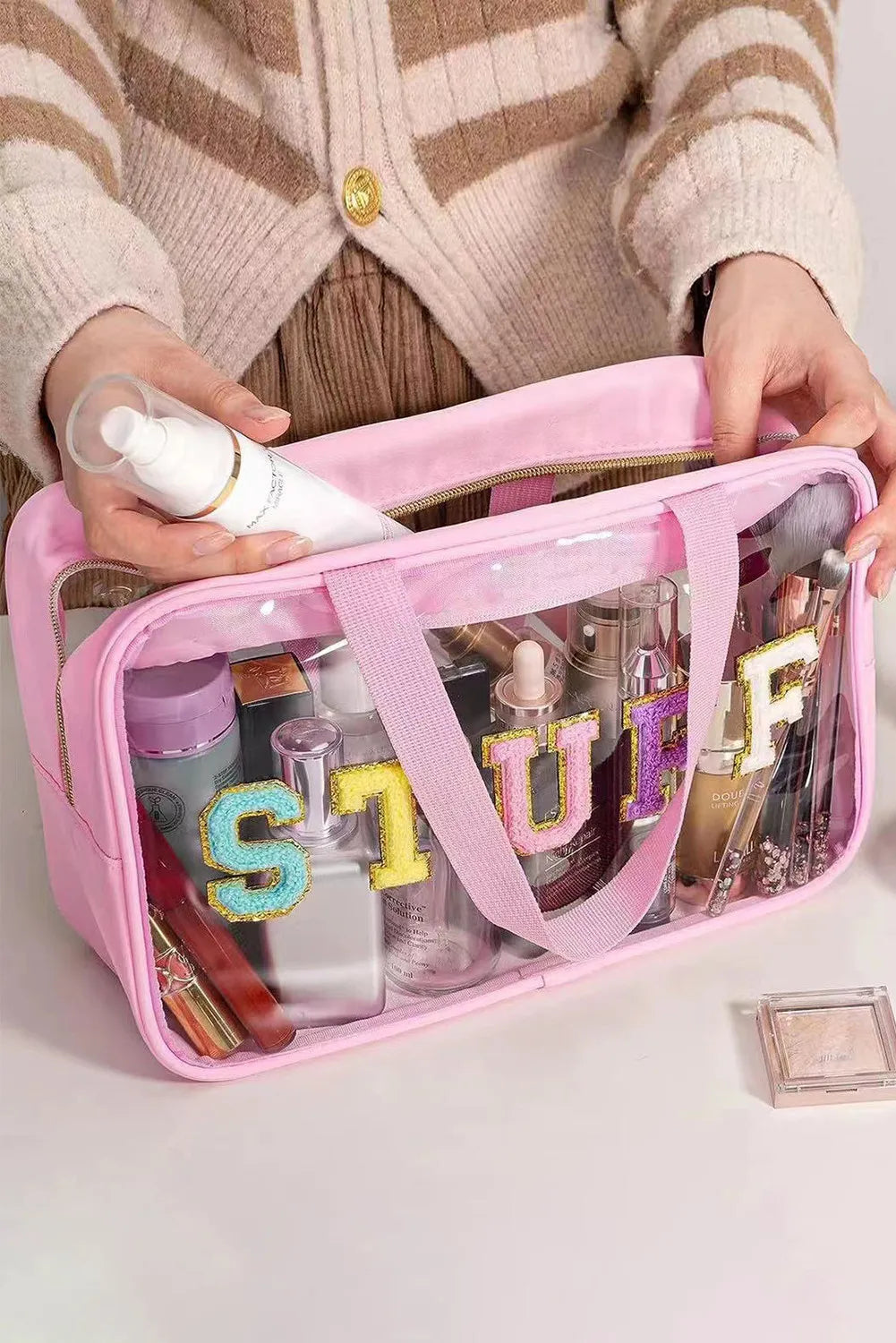 STUFF Glitter Chenille Patched Transparent Makeup Bag