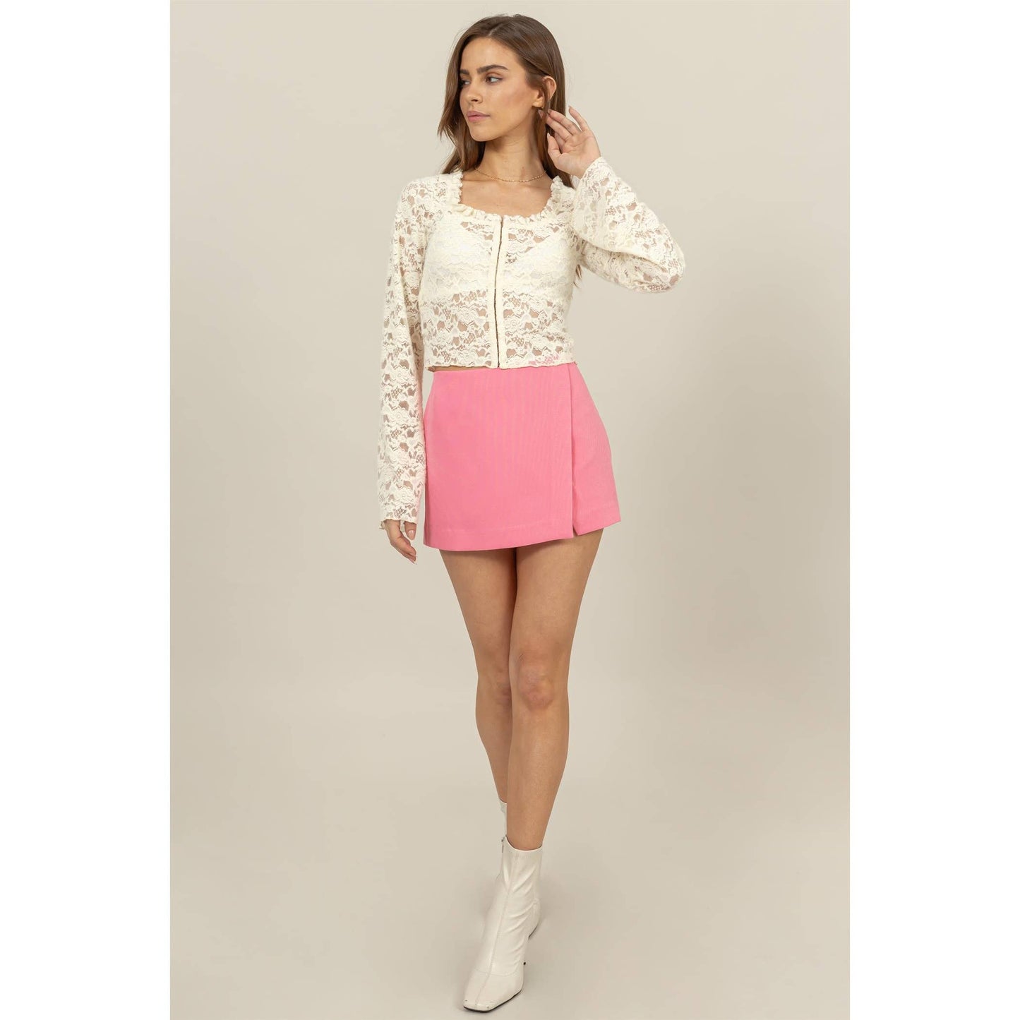 SHEER LACE LONG-SLEEVE BUTTON-UP TOP