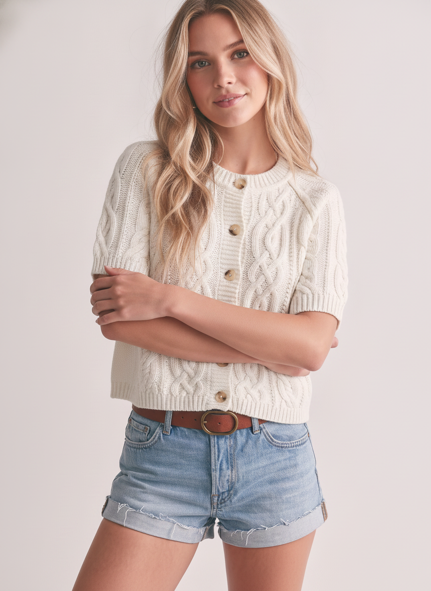 CABLE KNIT BUTTON-UP SHORT SLEEVE TOP