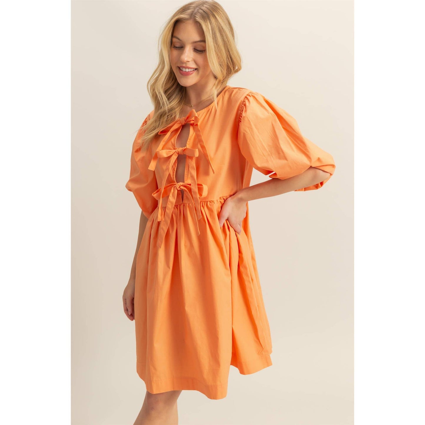 Half Sleeve Tie-Up Ribbon Poplin Dress