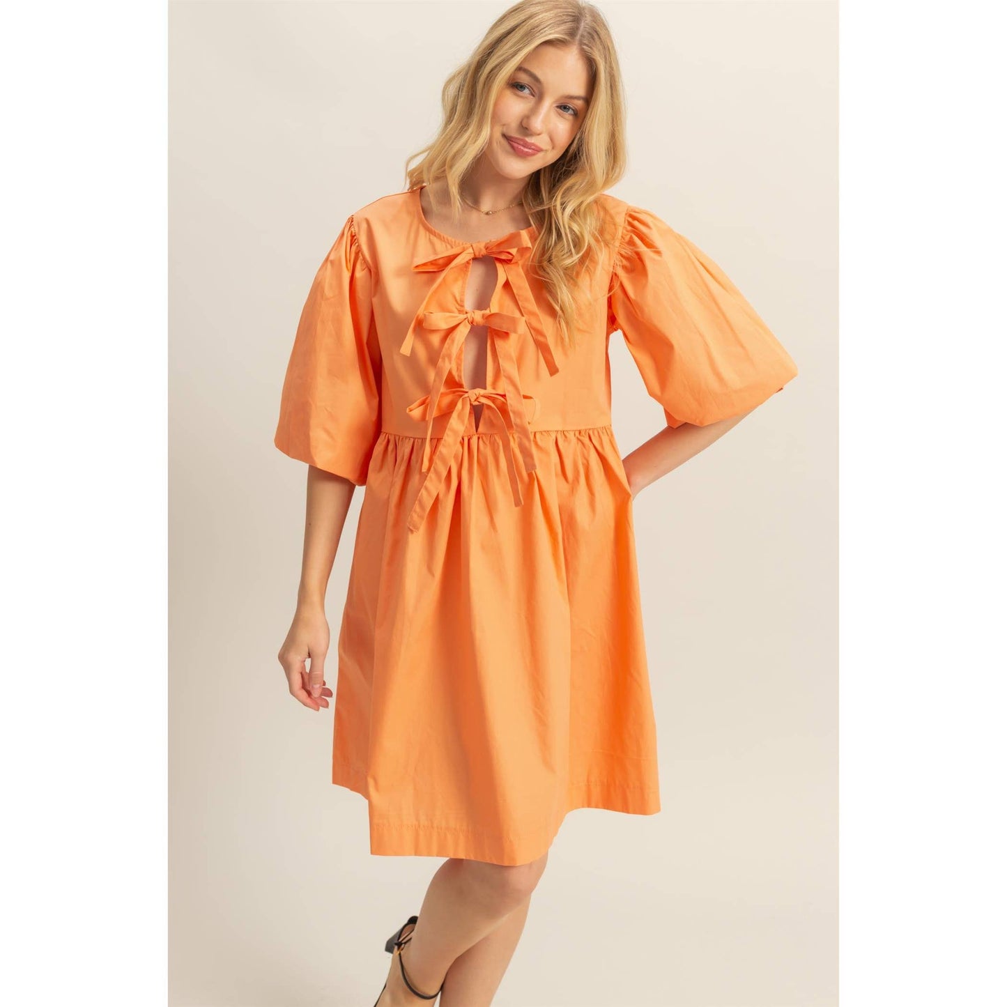 Half Sleeve Tie-Up Ribbon Poplin Dress