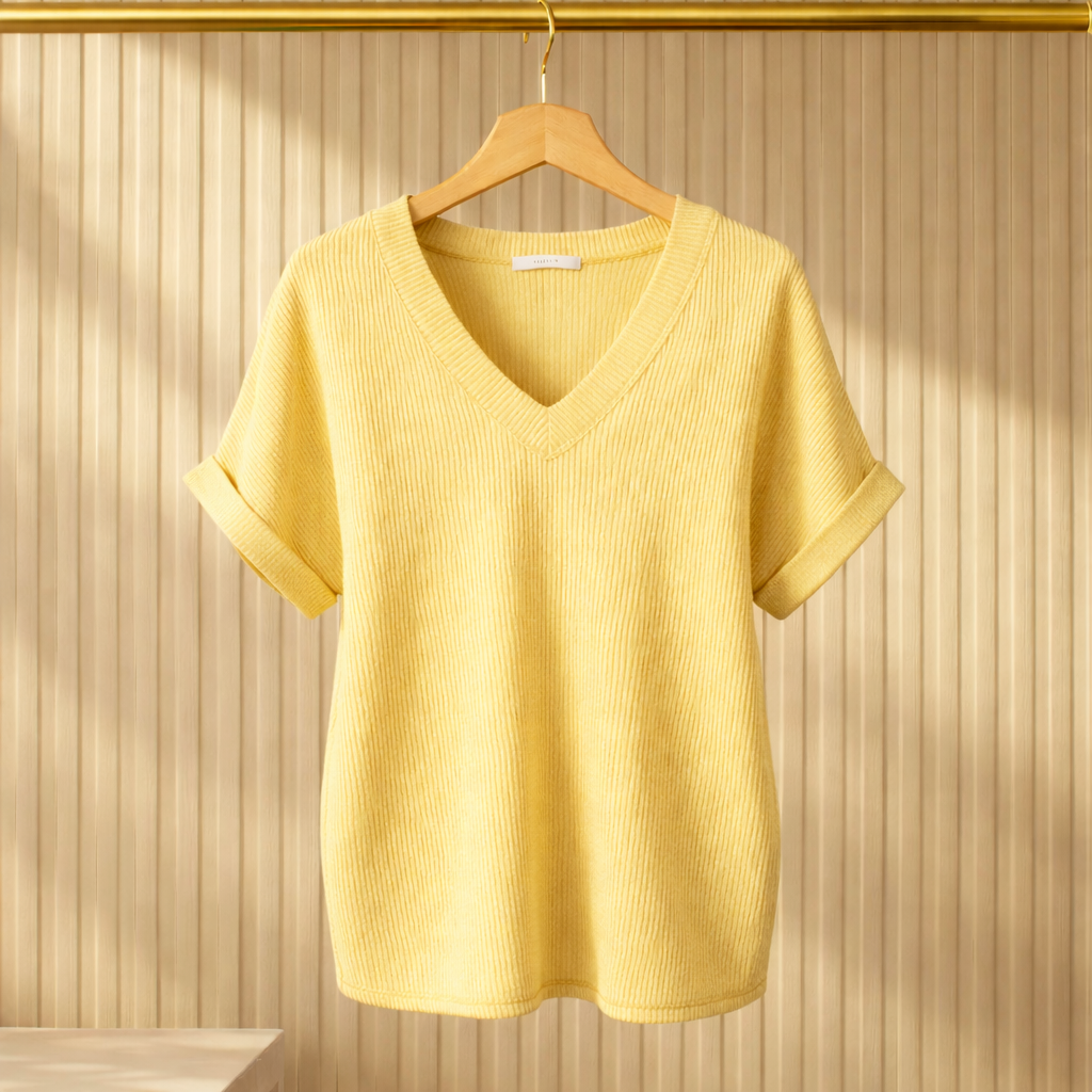 BASIC WAVE RIB V-NECK SHORT SLEEVE TUNIC TOP