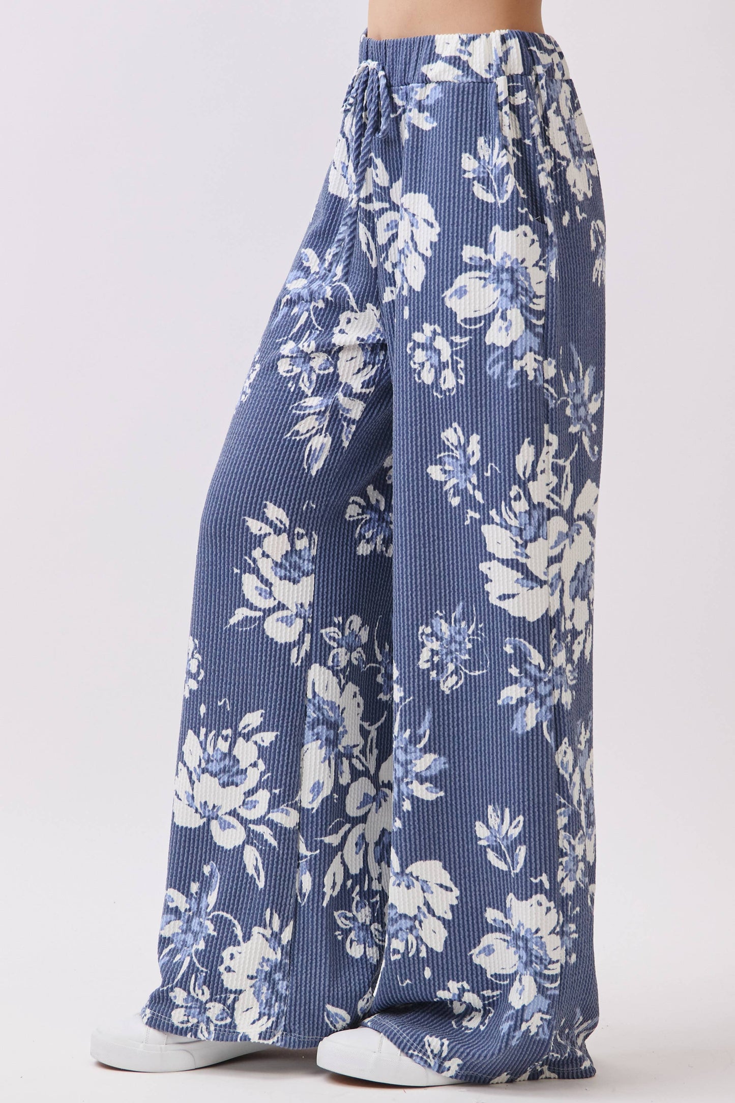 Floral Print Rib Knit Wide-Leg Pants