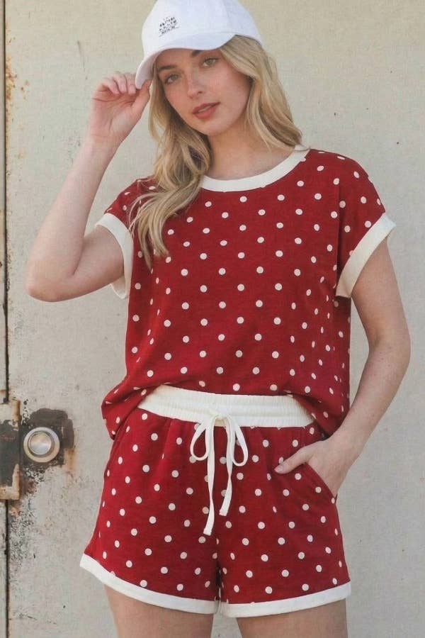Contrast Polka Dot Soft Scuba Top & Shorts Lounge Set