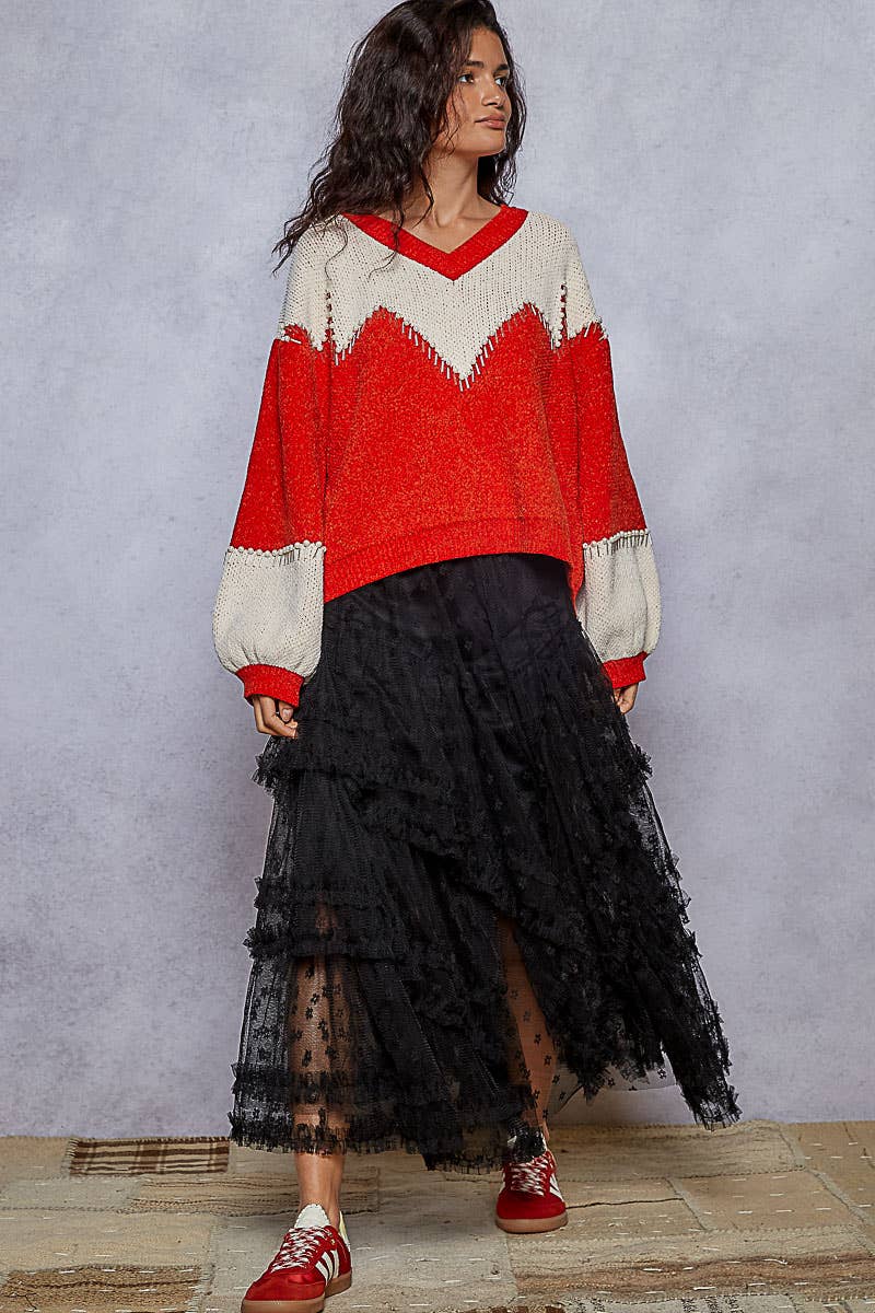 Balloon sleeve Colorblock trim Detail Chenille Sweater Top