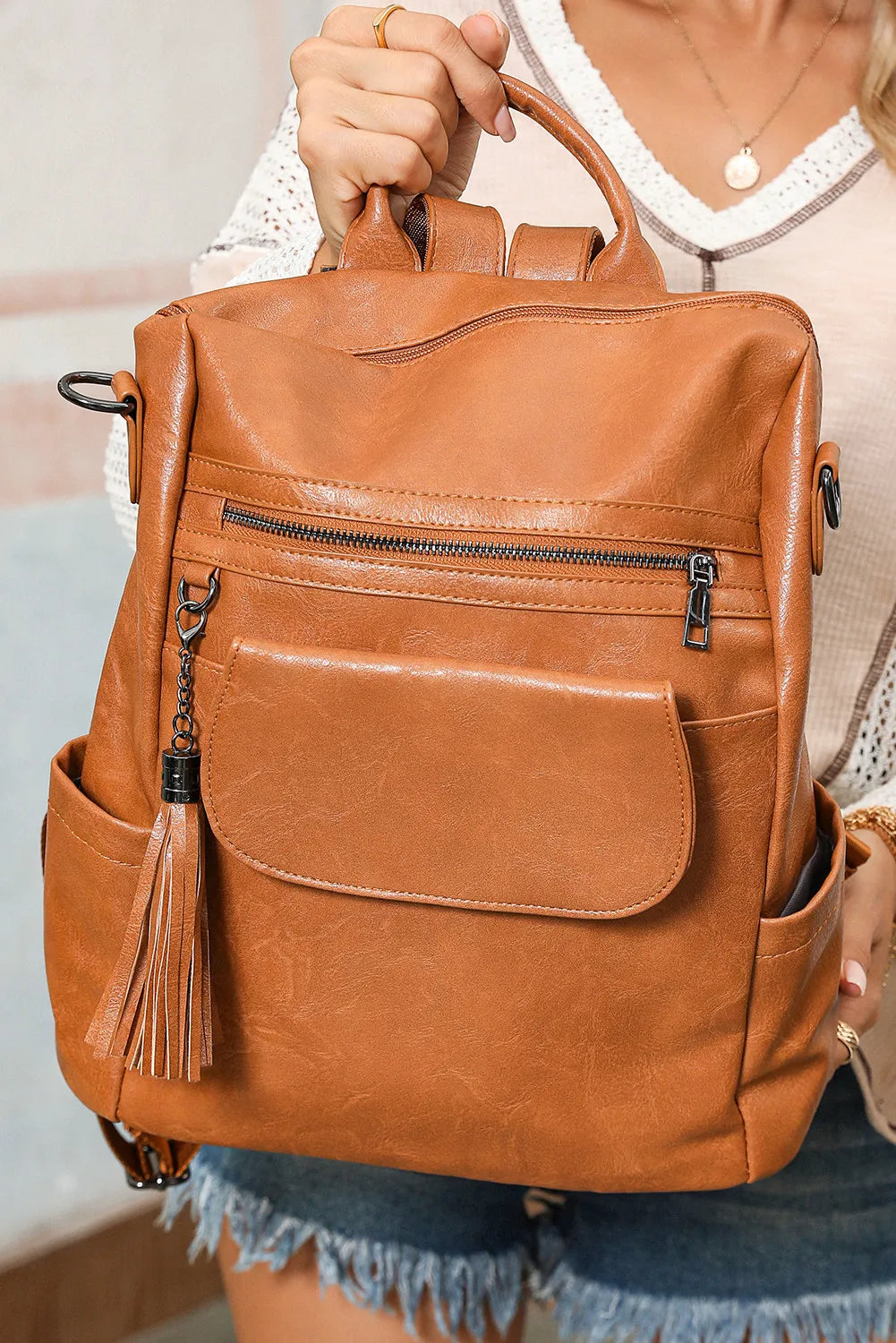 Tassel Décor Retro PU Large Capacity Backpack