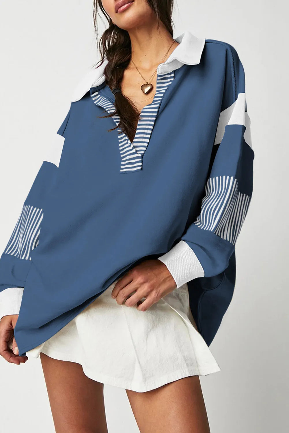 Striped Colorblock Patchwork Collar Sweatshirt