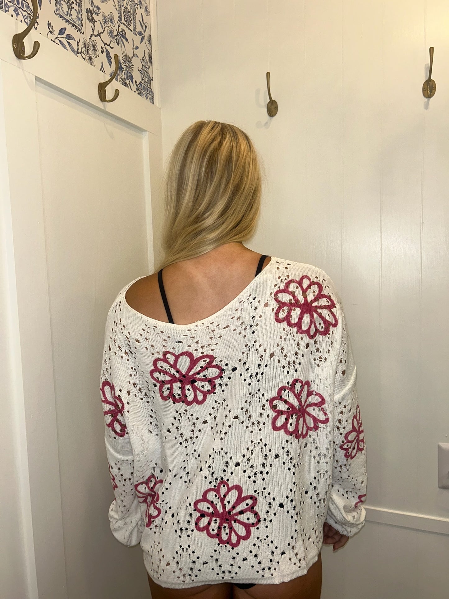 Contrast Flower Print Eyelet Drop Shoulder Sweater