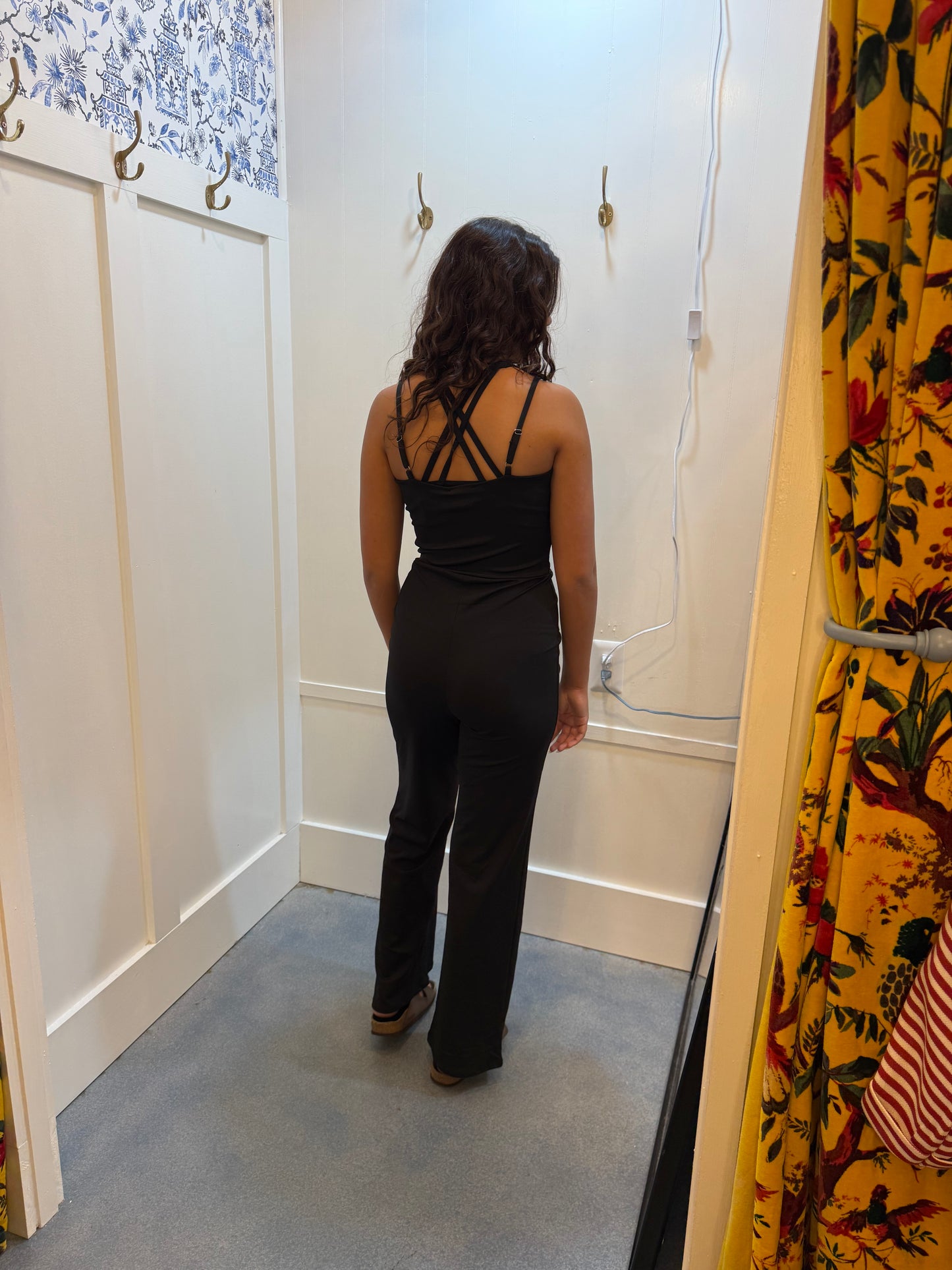 V neck camisole jumpsuit wide straight cut pant