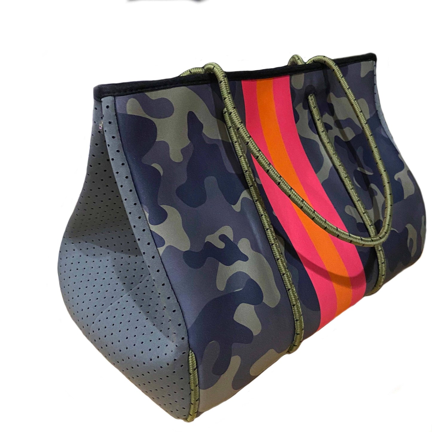 Neoprene Tote Bag Green Camo w/ Pink & Orange Stripes