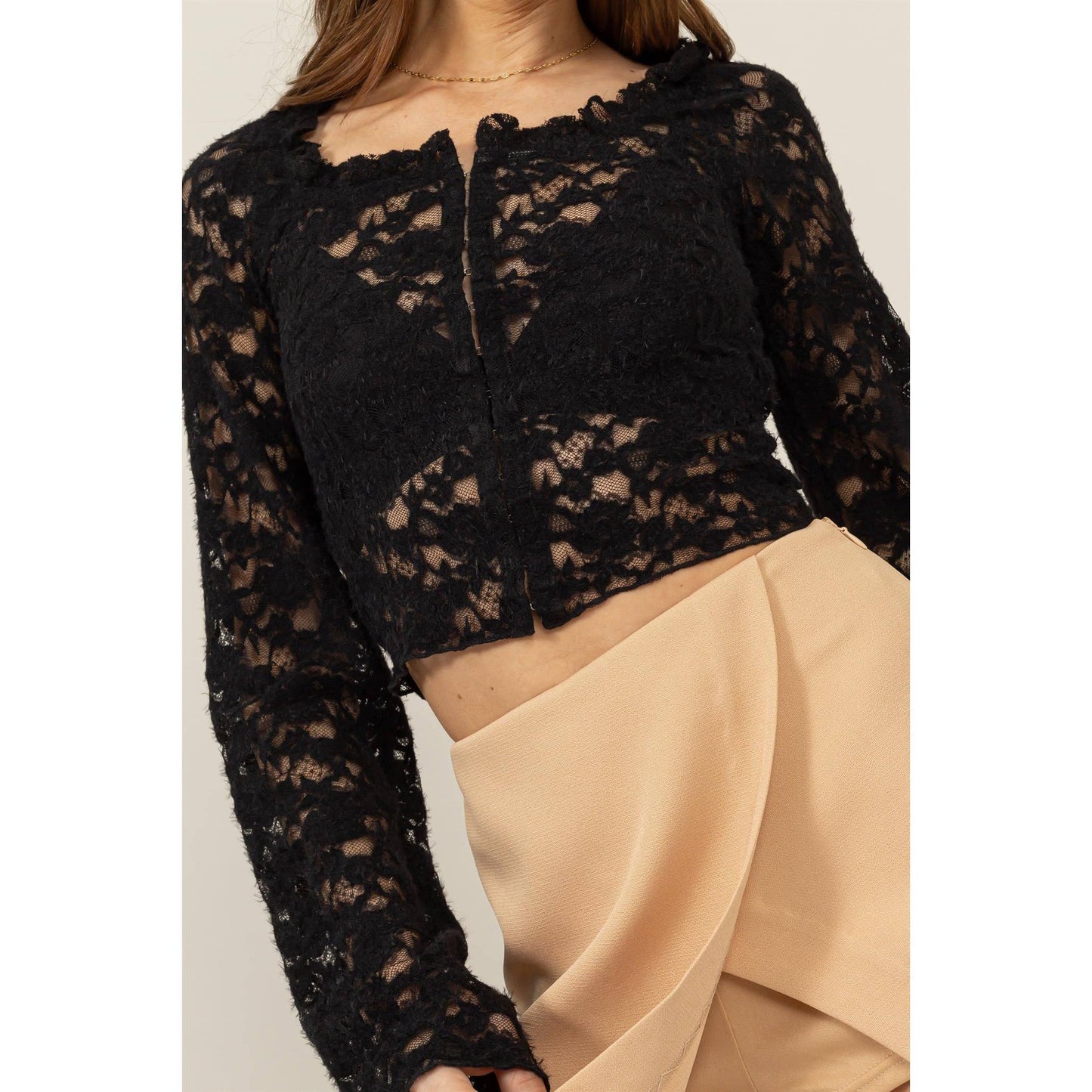 SHEER LACE LONG-SLEEVE BUTTON-UP TOP