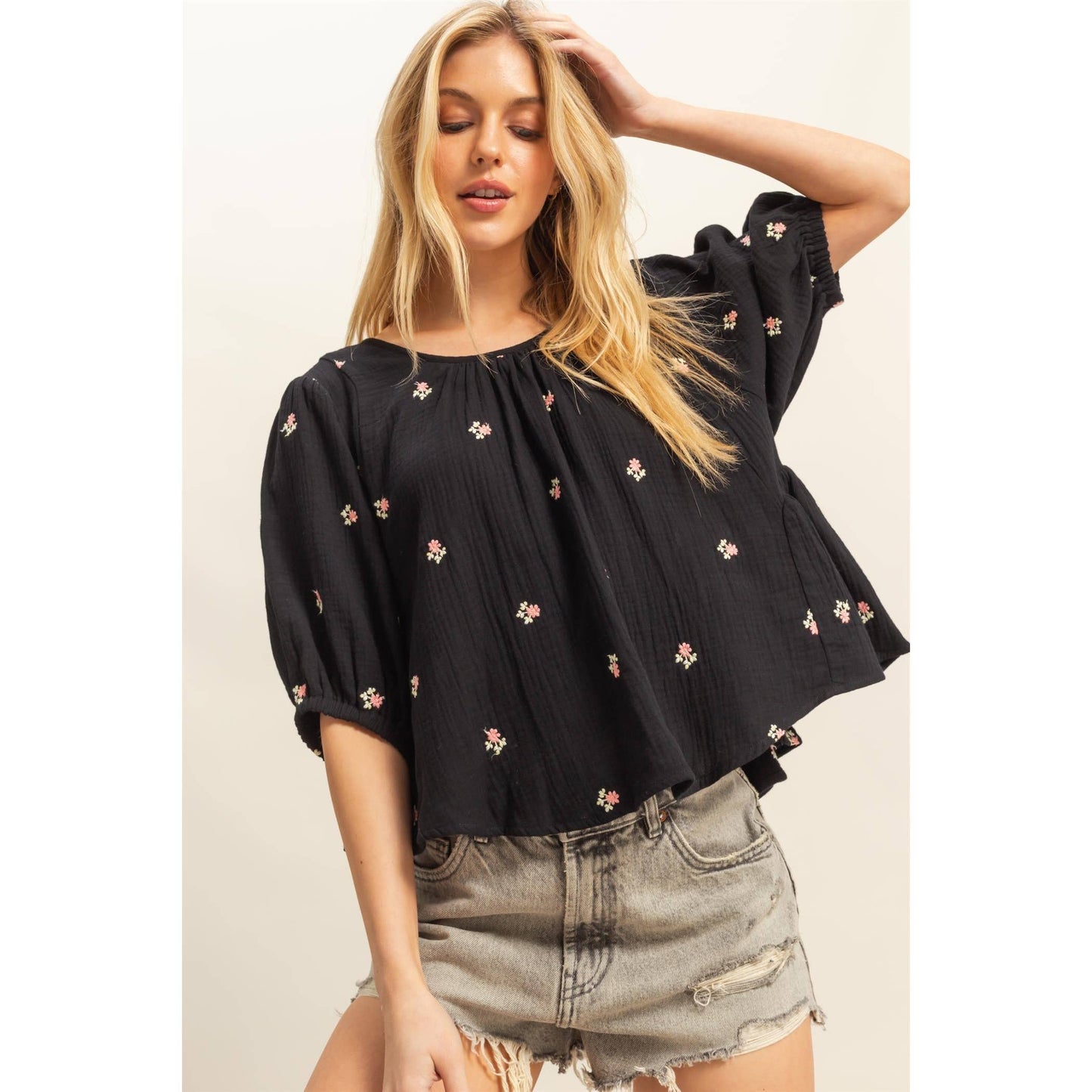 Embroidered Puff Sleeve Double Gauze Top